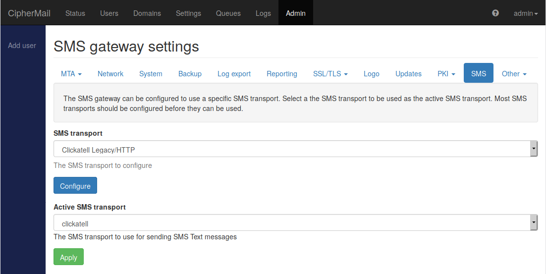 SMS gateway settings